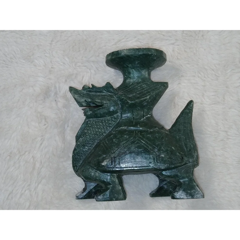 Vintage Chinese Hand-Carved Green Stone Dragon Turtle Candle Holder /‎ Incens